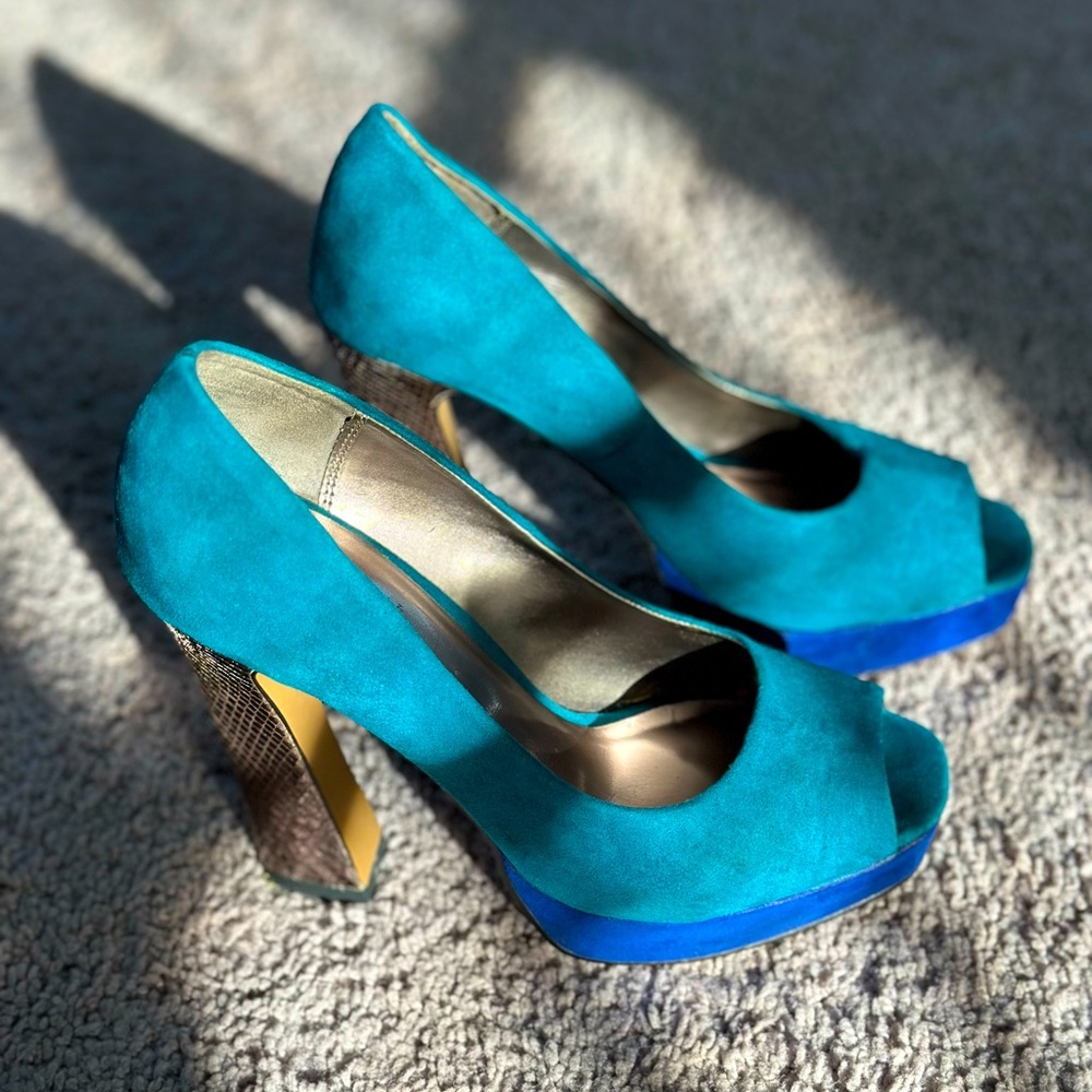 New York & Company Tinsley Multi-Colored Platform Heels in Evening Teal, Size 8